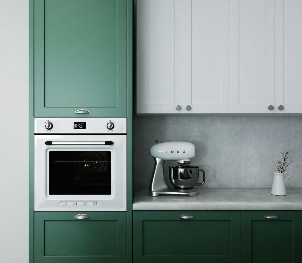 green and white cabinets in a kitchen
