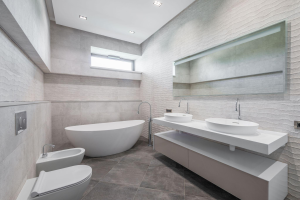 floating vanity inside a bathroom