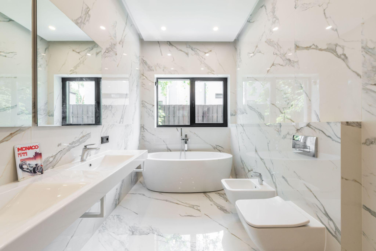 bathroom with porcelain floor tiles