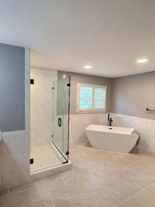 Contemporary bathroom with recessed ceiling lights